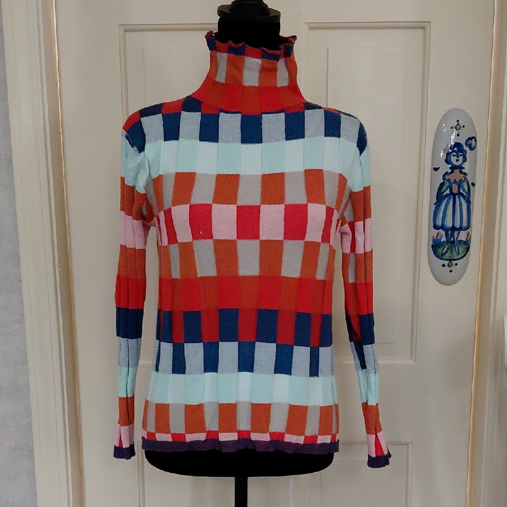 Vibrant Checkered Turtleneck Sweater. No size or manufacturer tag. A small snag.